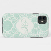 Seafoam Green Retro Floral Damask met Monogram Case-Mate iPhone Case (Achterkant (horizontaal))