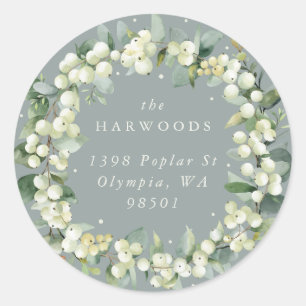 Seafoam Groene Snowberry+Eucalyptus Kransadres Ronde Sticker