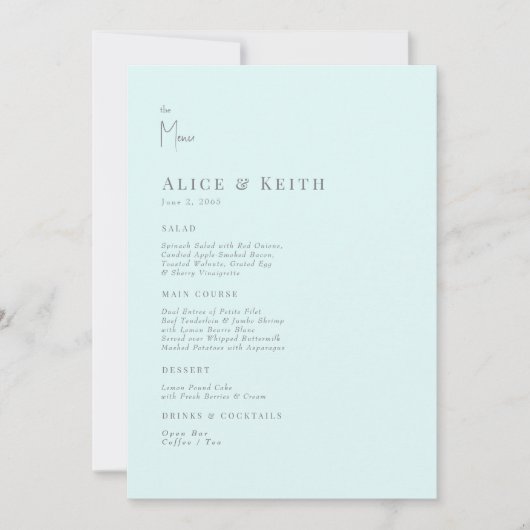 Seafoam Modern Wedding Menu Kaart (Voorkant)
