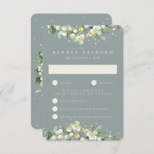 Seafoam Snowberry + Eucalyptus Edged Bruiloft RSVP (Voorkant / Achterkant)