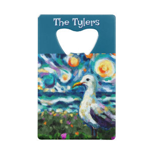 Seagull Van Gogh Style Beach gepersonaliseerd Kredietkaart Flessenopener