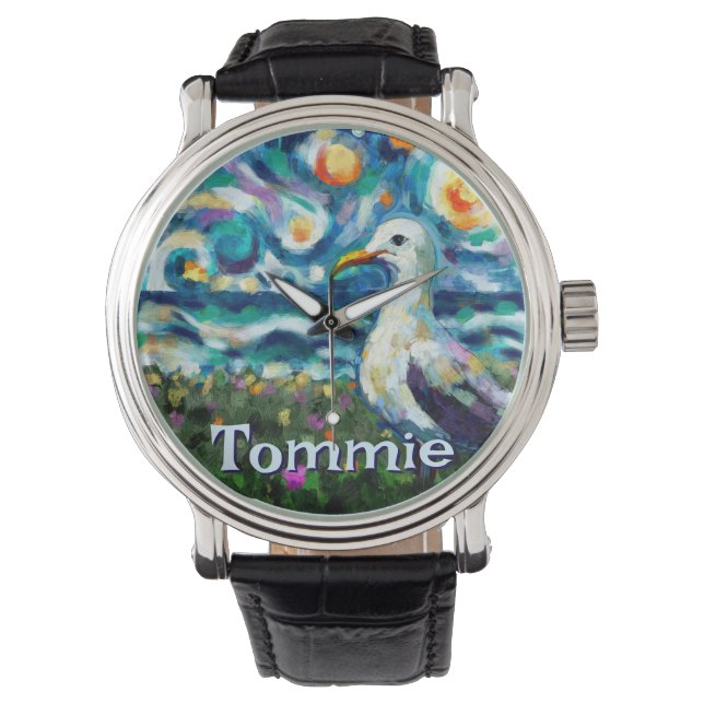 Seagull Van Gogh Style Beach Personalized Horloge (Voorkant)