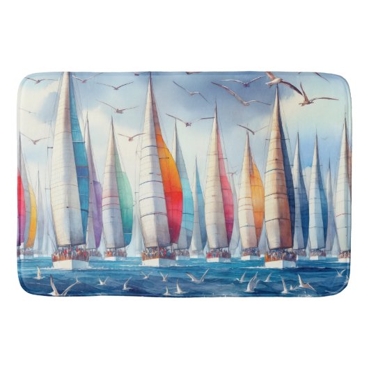 Seagulls Soaring With a Sailboat Regatta Badmat (Voorkant)