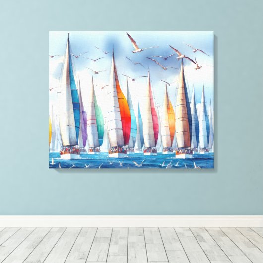 Seagulls Soaring With a Sailboat Regatta Canvas Afdruk (Insitu (Houten vloer))