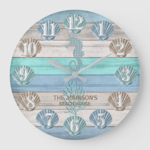 Seahorse and Beach Wood Nautical - Blue Blauwgroen Grote Klok