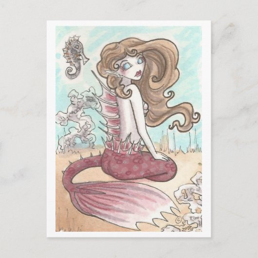 Seahorse and roze Mermaid Fantasy Art Briefkaart (Voorkant)