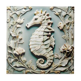 Seahorse Art Nouveau Faux Relief Links tegenover M Tegeltje