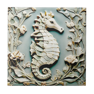 Seahorse Art Nouveau Faux Relief Rechts tegenover  Tegeltje
