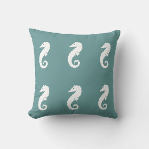 SEAHORSE BLANC sur coussin bleu aqua turquoise