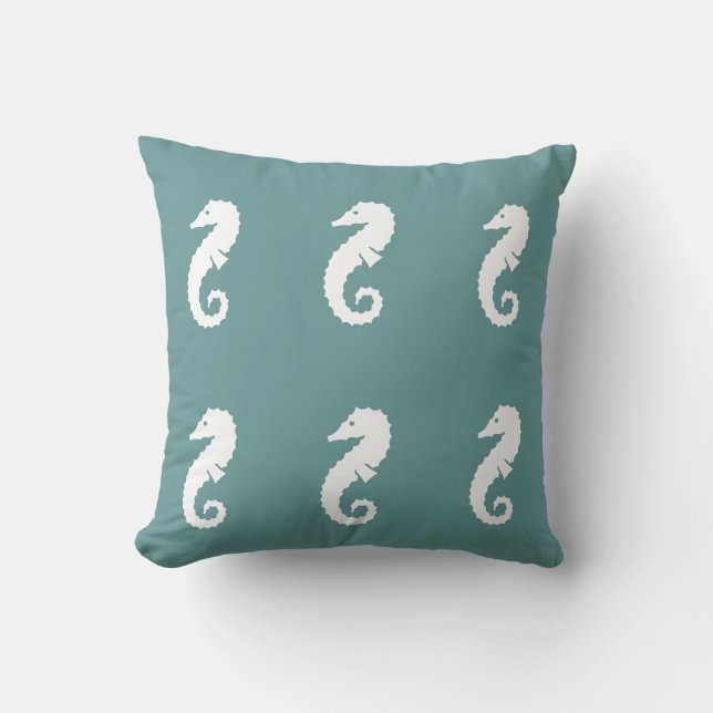 SEAHORSE BLANC sur coussin bleu aqua turquoise (Recto)
