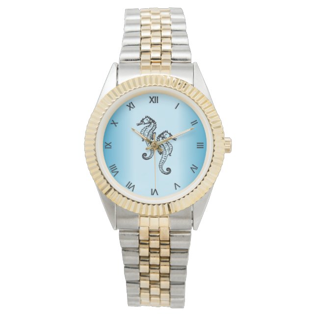 Seahorse Blue Romeinse cijfers Horloge (Voorkant)