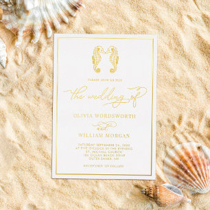 Seahorse Coastal Beach Elegant Script Wedding Folie Uitnodiging