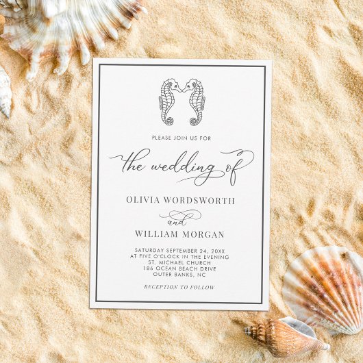 Seahorse Coastal Beach Script Dark Grey Wedding Kaart