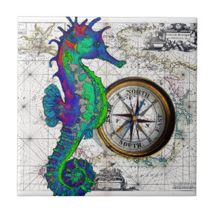 Seahorse Compass Collage Tegeltje