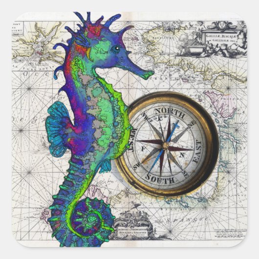 Seahorse Compass Vierkante Sticker (Voorkant)