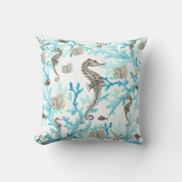 Seahorse Coral Sealife Oceanlife Blauwgroen Beige  Kussen