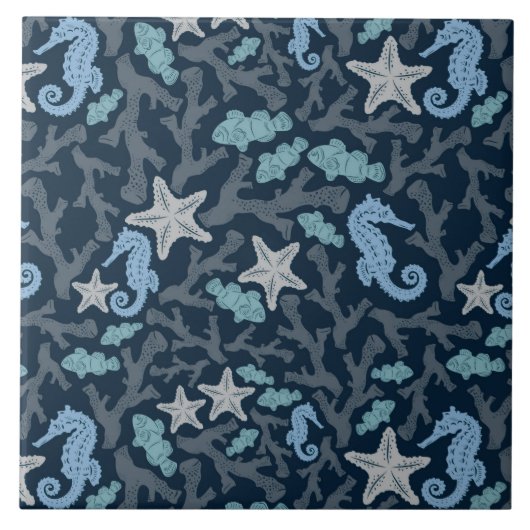 Seahorse Deep Blue Pattern Tegeltje (Voorkant)