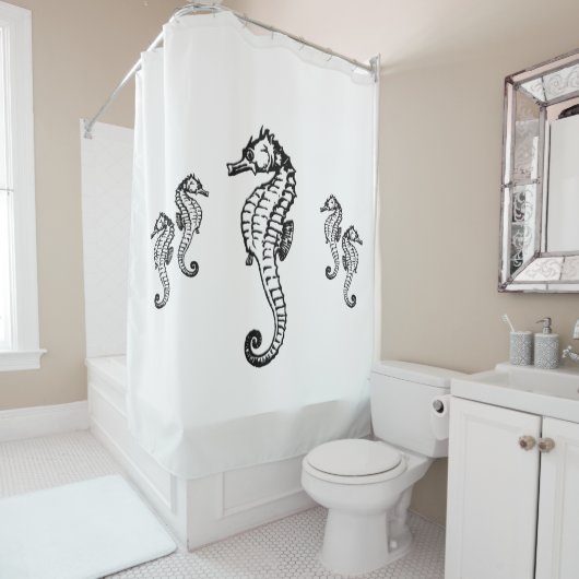 Seahorse Design sur rideau de douche blanc (En situation)