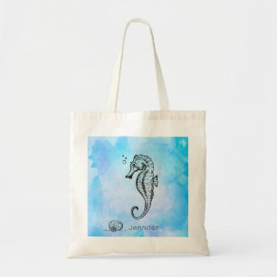 Seahorse en Seashell on Blue Waterverf Custom Tote Bag
