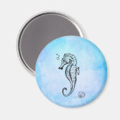 Seahorse en Seashell on Blue Waterverf Magneet (Voorkant / Achterkant)
