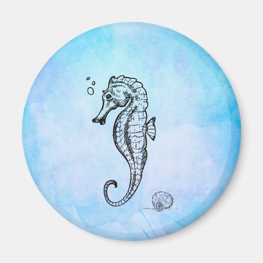 Seahorse en Seashell on Blue Waterverf Magneet (Voorkant)
