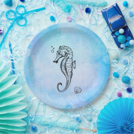 Seahorse en Seashell on Blue Waterverf Papieren Bordje (Feest)
