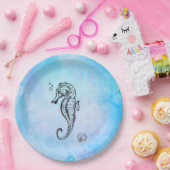 Seahorse en Seashell on Blue Waterverf Papieren Bordje (Feest)