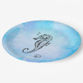 Seahorse en Seashell on Blue Waterverf Papieren Bordje (Gekanteld)