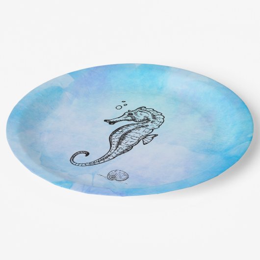 Seahorse en Seashell on Blue Waterverf Papieren Bordje (Gekanteld)