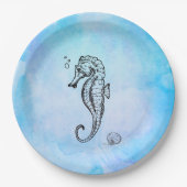 Seahorse en Seashell on Blue Waterverf Papieren Bordje (Voorkant)