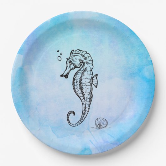 Seahorse en Seashell on Blue Waterverf Papieren Bordje (Voorkant)