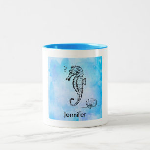 Seahorse en Seashell on Blue Waterverf Tweekleurige Koffiemok