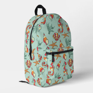 Seahorse en Seashell Pattern Blauwgroen Bedrukte Rugzak