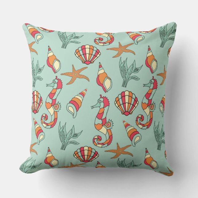 Seahorse en Seashell Pattern Blauwgroen Kussen (Voorkant)