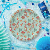 Seahorse en Seashell Pattern Blauwgroen Papieren Bordje (Feest)