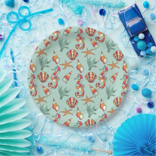 Seahorse en Seashell Pattern Blauwgroen Papieren Bordje (Feest)