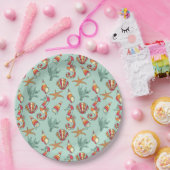 Seahorse en Seashell Pattern Blauwgroen Papieren Bordje (Feest)