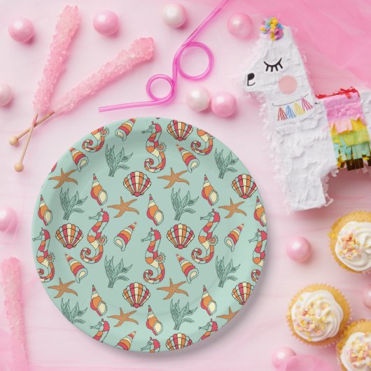 Seahorse en Seashell Pattern Blauwgroen Papieren Bordje (Feest)