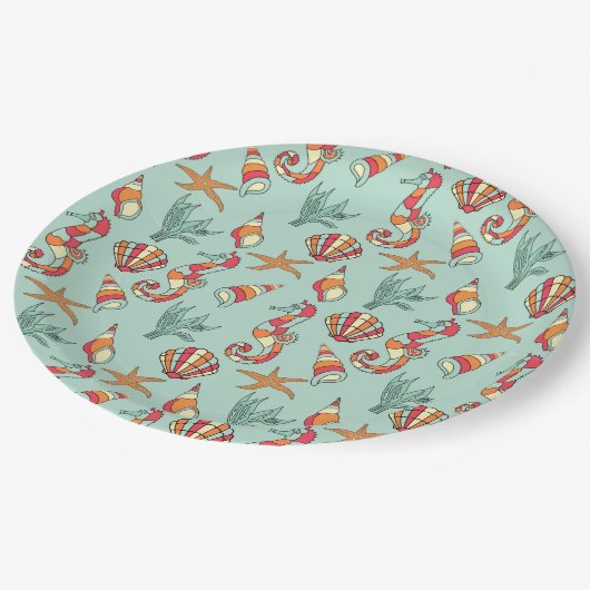 Seahorse en Seashell Pattern Blauwgroen Papieren Bordje (Gekanteld)