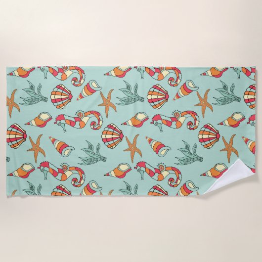 Seahorse en Seashell Pattern Blauwgroen Strandlaken (Voorkant)