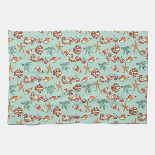Seahorse en Seashell Pattern Blauwgroen Theedoek (Horizontaal)