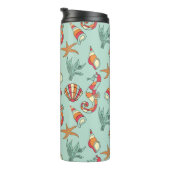 Seahorse en Seashell Pattern Blauwgroen Thermosbeker (Geroteerd rechts)