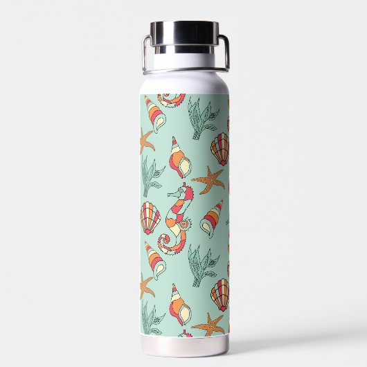 Seahorse en Seashell Pattern Blauwgroen Waterfles (Achterkant)