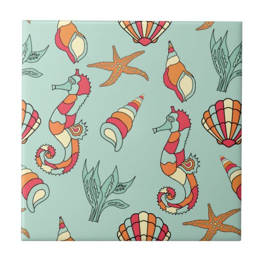 Seahorse en Seashell Pattern Tegeltje (Voorkant)