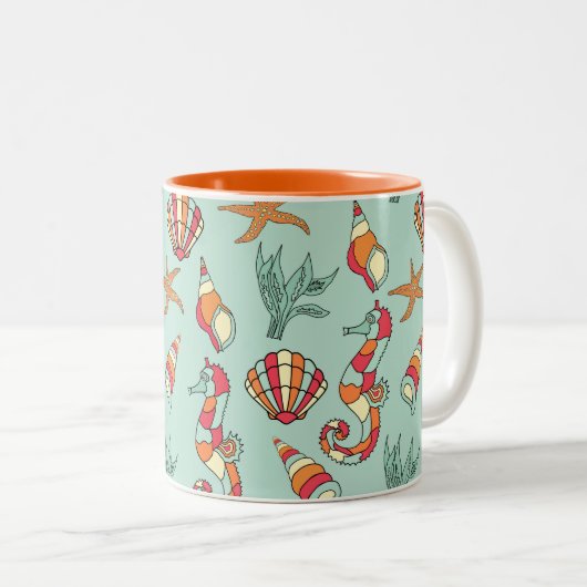 Seahorse en Seashell Pattern Tweekleurige Koffiemok (Voorkant rechts)