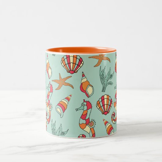 Seahorse en Seashell Pattern Tweekleurige Koffiemok (Center)