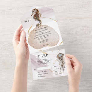 Seahorse glitter abstract kuststrand goudroze  all in one uitnodiging