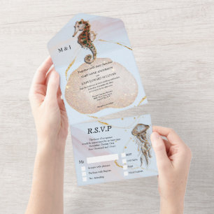 Seahorse glitter kwal fish blue gold beachall all in one uitnodiging