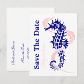 Seahorse navy blue, roze bruiloft Save the Date Aankondigingskaart (Voorkant / Achterkant)