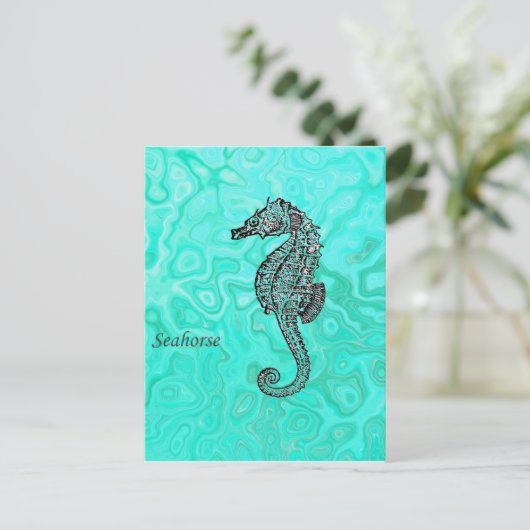 Seahorse on Aqua Splash Turquoise Marble Pattern Briefkaart (Staand voorkant)